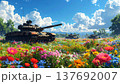 破壊された戦車と花畑 137692007
