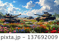 破壊された戦車と花畑 137692009