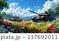 破壊された戦車と花畑 137692011