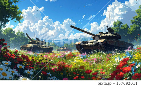 破壊された戦車と花畑 137692011
