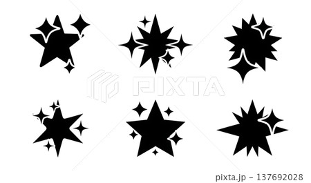 Black Solid Abstract Star Silhouettes Set of Six on White Background Black Solid Abstract Star Silhouettes Set of Six on White Background 137692028