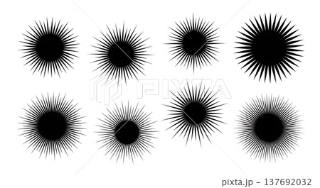 Black Solid Abstract Sunburst Silhouettes Set of Six on White Background Black Solid Abstract Sunburst Silhouettes Set of Six on White Background 137692032