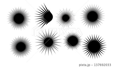 Black Solid Abstract Sunburst Silhouettes Set of Six on White Background 137692033