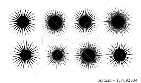 Black Solid Abstract Sunburst Silhouettes Set of Six on White Background Black Solid Abstract Sunburst Silhouettes Set of Six on White Background 137692034