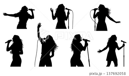 Black Solid Acoustic Guitarist Silhouettes Set of Six on White Background 137692058