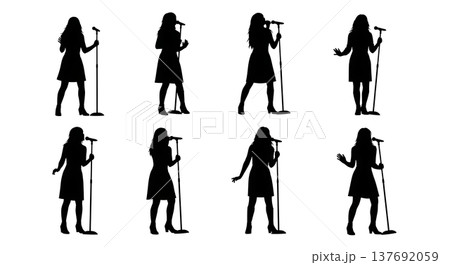 Black Solid Acoustic Guitarist Silhouettes Set of Six on White Background 137692059