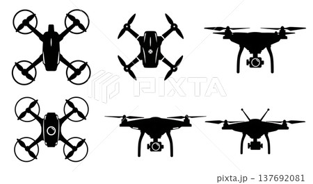 Black Solid Aerial Drone Silhouettes Set of Six on White Background Black Solid Aerial Drone Silhouettes Set of Six on White Background 137692081