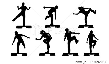 Black Solid Step Aerobics Silhouettes Set of Six on White Background 137692084