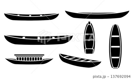 Black Solid Traditional African Dugout Canoes and Boats Silhouettes Set of Six on White Background 137692094