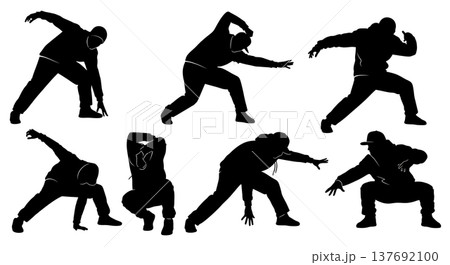 Black Solid Hip Hop Stance Silhouettes Set of Six on White Background 137692100
