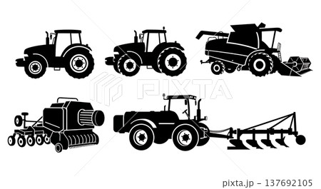 Black Solid Agricultural Tractors Silhouettes Set of Six on White Background 137692105