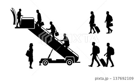 Black Solid Airplane Disembarking Silhouettes Set of Six on White Background Black Solid Airplane Disembarking Silhouettes Set of Six on White Background 137692109