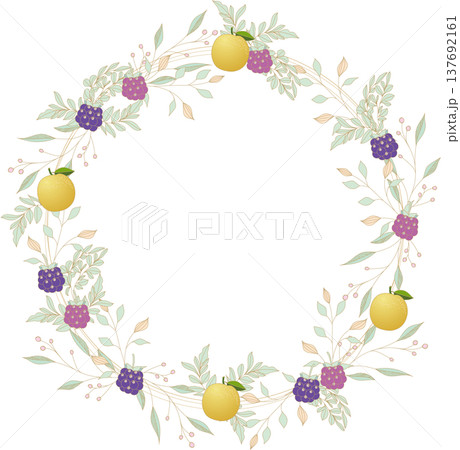 パステルカラーの上品な植物と果物のリース、ボタニカルフレーム パステルカラーの上品な植物と果物のリース、ボタニカルフレーム 137692161