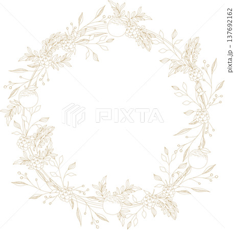 シンプルで線画の植物と果物のリース、ボタニカルフレーム 137692162