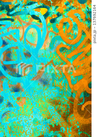 Graffiti on Rusty Metal Urban Wall with Cyan and Orange Spray Paint 137692164