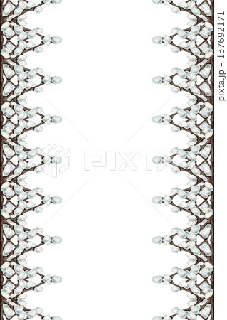 Watercolor botanical frame with decorative pussy willow borders. Hand painted spring branches border for Easter greeting cards, church, wedding invitations, stationery design, packaging, prints. 137692171