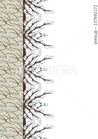 Watercolor botanical border with decorative pussy willow borders. Hand painted spring branches frame for Easter greeting cards, church, wedding invitations, stationery design, packaging, prints. 137692172