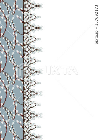 Watercolor botanical border with decorative pussy willow borders. Hand painted spring branches frame for Easter greeting cards, church, wedding invitations, stationery design, packaging, prints. 137692173