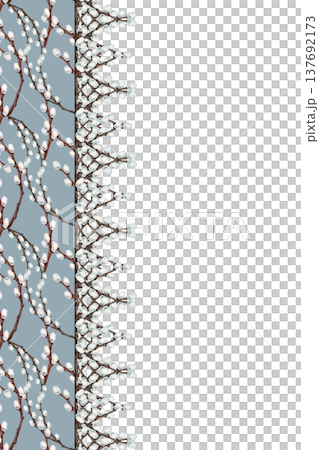 Watercolor botanical border with decorative pussy willow borders. Hand painted spring branches frame for Easter greeting cards, church, wedding invitations, stationery design, packaging, prints. 137692173