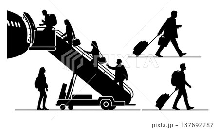 Black Solid Airplane Disembarking Silhouettes Set of Six on White Background Black Solid Airplane Disembarking Silhouettes Set of Six on White Background 137692287