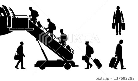 Black Solid Airplane Disembarking Silhouettes Set of Six on White Background 137692288