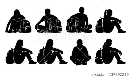 Black Solid Floor Waiting Silhouettes Set of Six on White Background Black Solid Floor Waiting Silhouettes Set of Six on White Background 137692289