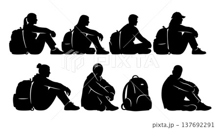 Black Solid Floor Waiting Silhouettes Set of Six on White Background Black Solid Floor Waiting Silhouettes Set of Six on White Background 137692291
