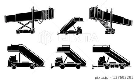 Black Solid Public Airport Jet Bridges and Air Stairs Silhouettes Set of Six on White Background Black Solid Public Airport Jet Bridges and Air Stairs Silhouettes Set of Six on White Background 137692293