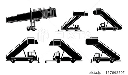 Black Solid Public Airport Jet Bridges and Air Stairs Silhouettes Set of Six on White Background 137692295
