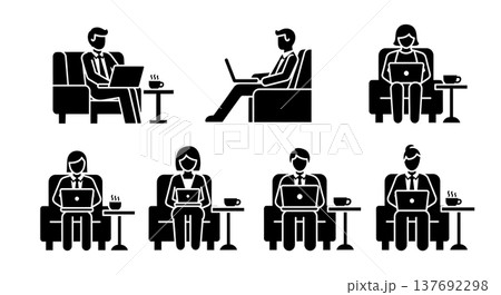 Black Solid Airport Lounge Silhouettes Set of Six on White Background 137692298