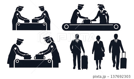 Black Solid Airport Security Silhouettes Set of Six on White Background Black Solid Airport Security Silhouettes Set of Six on White Background 137692303