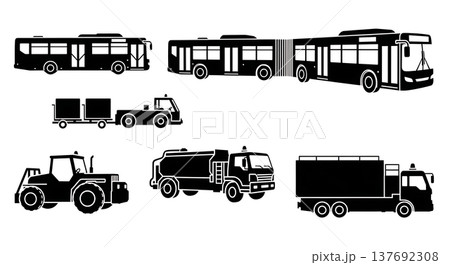 Black Solid Public Airport Shuttle Buses and Airside Vehicles Silhouettes Set 137692308