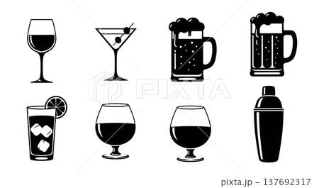 Black Solid Alcoholic Drinks Silhouettes Set of Six on White Background Black Solid Alcoholic Drinks Silhouettes Set of Six on White Background 137692317