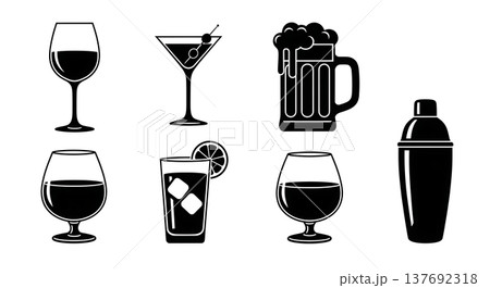 Black Solid Alcoholic Drinks Silhouettes Set of Six on White Background 137692318
