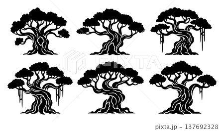 Collection of Six Black Solid Ancient Gnarled Tree Silhouettes Collection of Six Black Solid Ancient Gnarled Tree Silhouettes 137692328