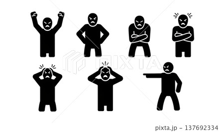 Black Solid Angry People Silhouettes Set of Six on White Background 137692334