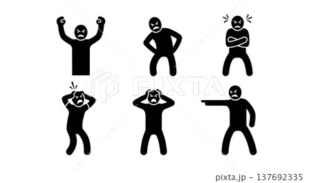 Black Solid Angry People Silhouettes Set of Six on White Background 137692335