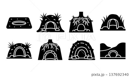 Black Solid Animal Burrow and Den Entrance Silhouettes Set of Six 137692340
