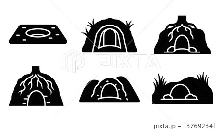 Black Solid Animal Burrow and Den Entrance Silhouettes Set of Six 137692341