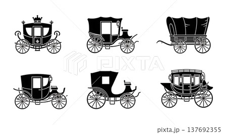 Black Solid Antique Carriages Silhouettes Set of Six on White Background 137692355