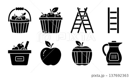 Black Solid Apple Picking and Harvest Equipment Silhouette Icons Black Solid Apple Picking and Harvest Equipment Silhouette Icons 137692363