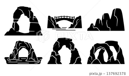 Black Solid Natural Arch Rock Formation Silhouettes Set of Six 137692378