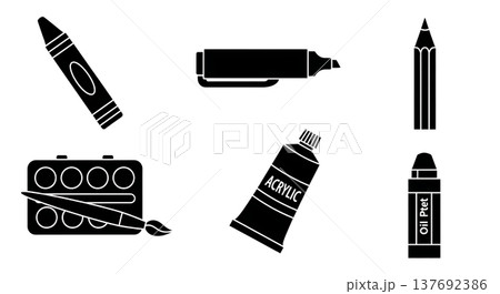 Black Solid Art Coloring Supplies Silhouettes Set of Six on White Background 137692386