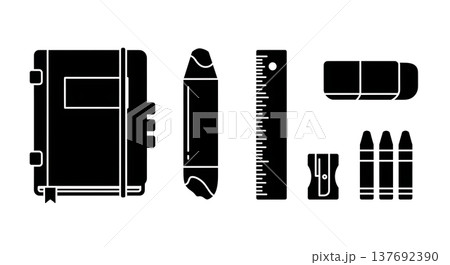 Black Solid Art Drawing Supplies Silhouettes Set of Six on White Background 137692390