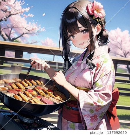 春の陽気に。花見と鼻の下、着物で、笑顔、 137692620