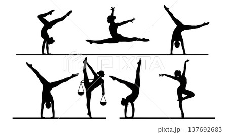 Black Solid Artistic Balance Beam Silhouettes Set of Six on White Background 137692683