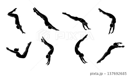 Black Solid Artistic Diving Silhouettes Set of Six on White Background 137692685