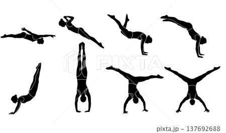 Black Solid Artistic Diving Silhouettes Set of Six on White Background 137692688