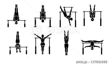 Black Solid Artistic Horizontal Bar Silhouettes Set of Six on White Background 137692699