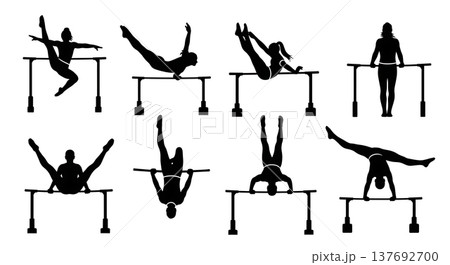 Black Solid Artistic Horizontal Bar Silhouettes Set of Six on White Background 137692700